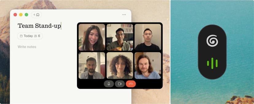 Granola notepad beside a video call with background transcription active