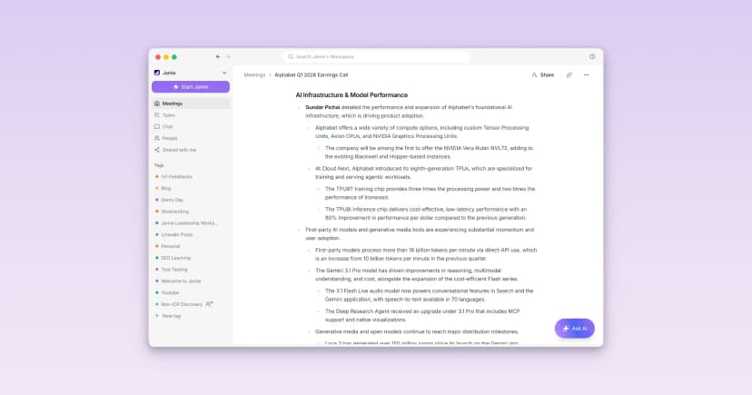 Jamie workspace showing a generated meeting note and AI assistant