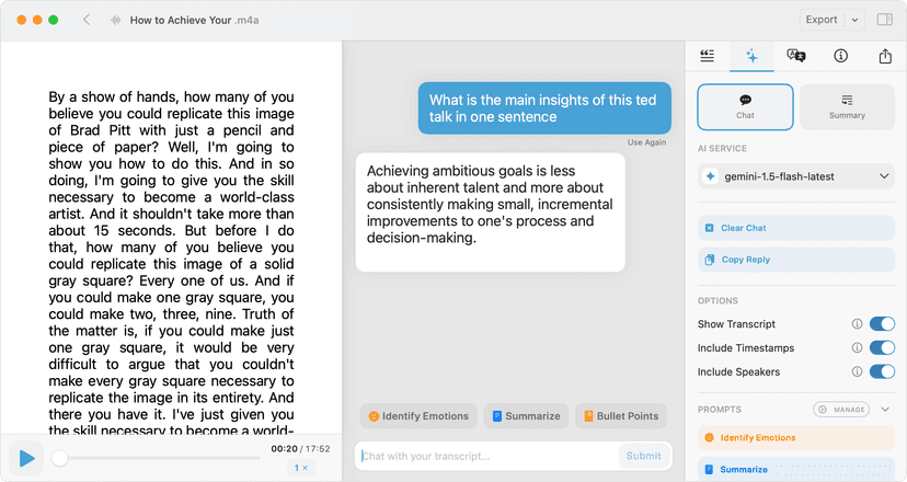 MacWhisper transcript with the AI chat panel and model selector