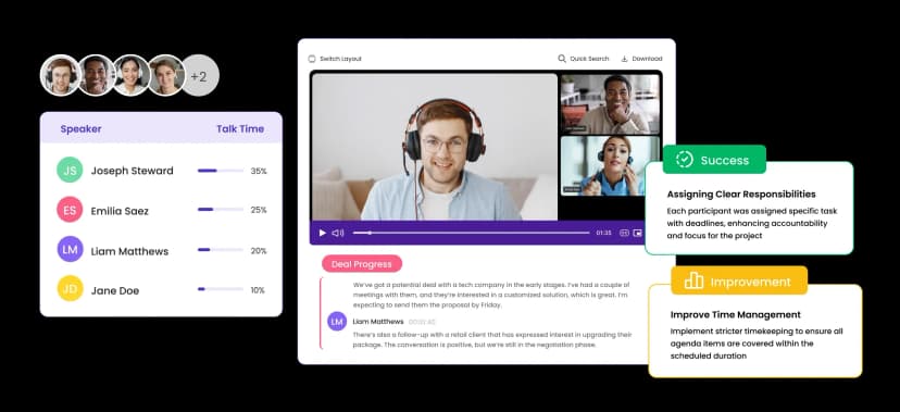 MeetGeek meeting view with speaker talk time, video, transcript, and AI insights