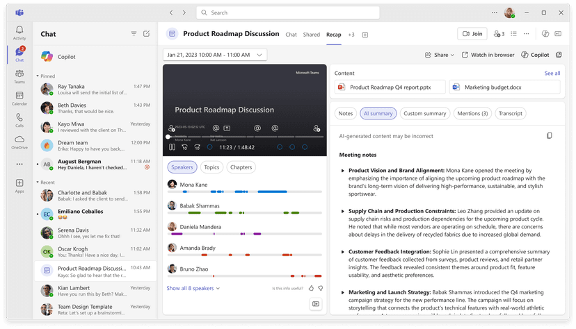 Microsoft Teams Intelligent Recap and Copilot view with AI summary, transcript, and speaker timeline