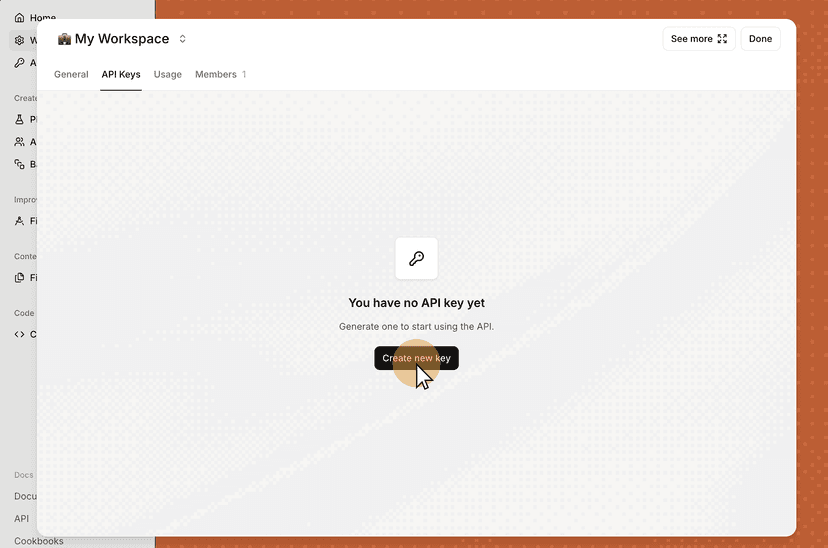 Mistral Studio API Keys page with the Create new key button highlighted