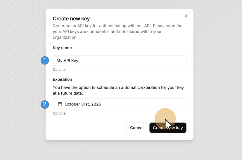 Mistral's create new API key dialog with name and expiration fields
