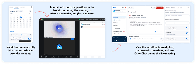 Otter Notetaker calendar controls, visible meeting participant, and live transcript workspace