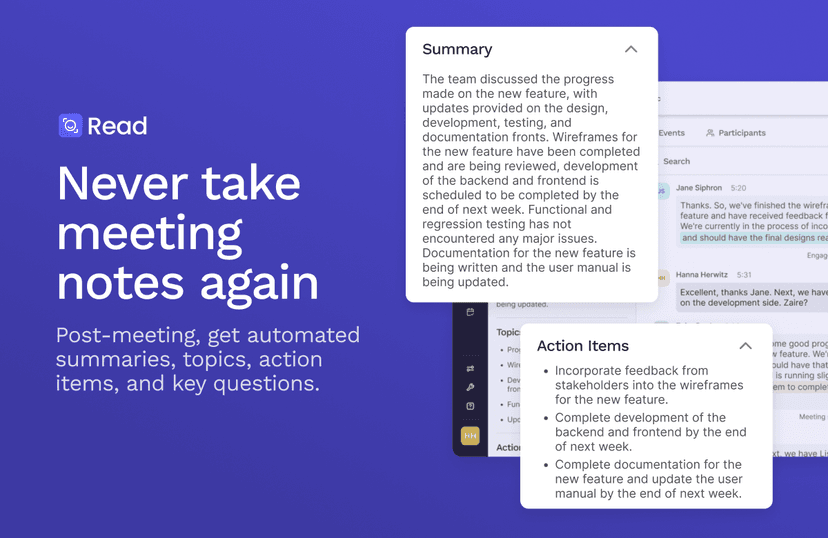 Read AI meeting summary with generated summary, action items, and transcript context
