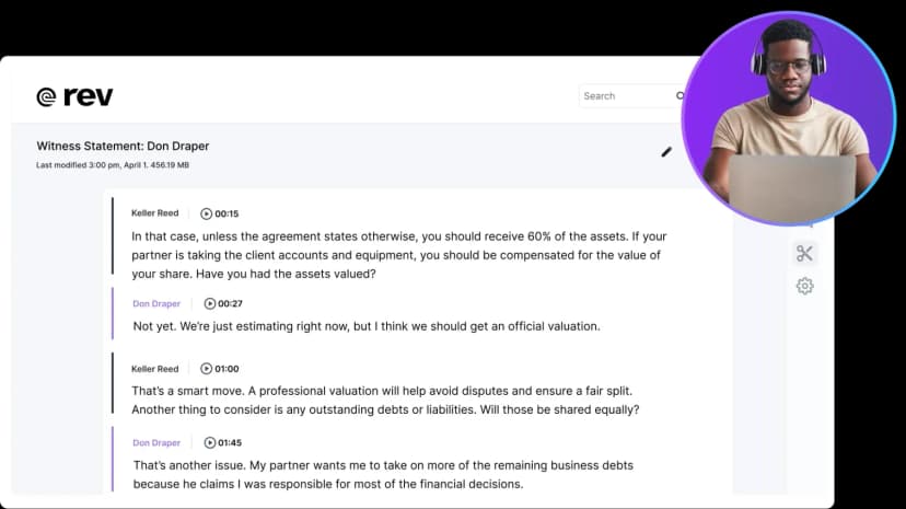 Rev transcript document with speaker labels and timestamps