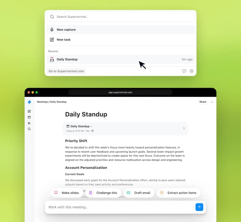 Supernormal meeting record with post-meeting actions for slides, email, and action items