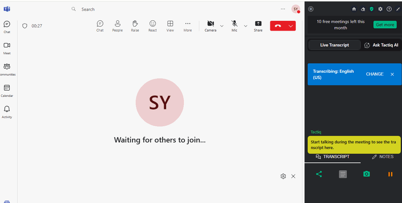Tactiq Live Transcript panel beside a Microsoft Teams browser meeting