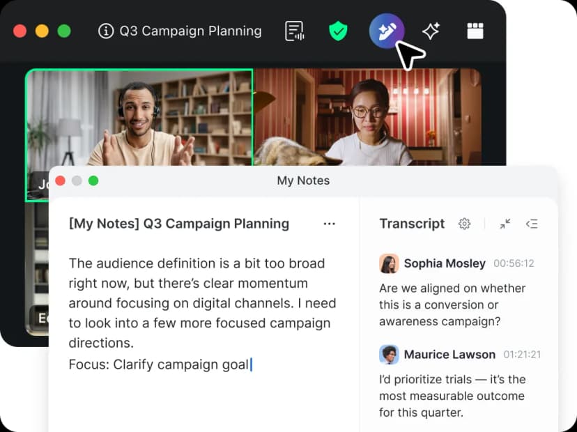 Zoom My Notes open during a call with live notes and transcript controls