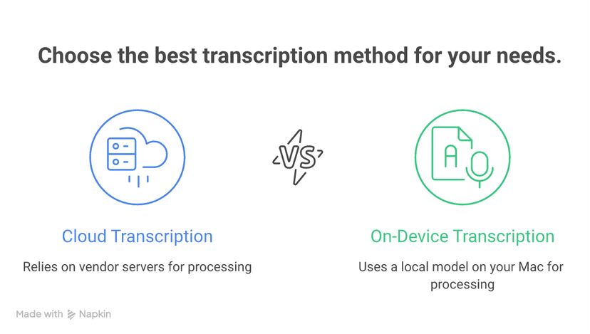 Cloud transcription relies on vendor servers, while on-device transcription keeps processing on your Mac