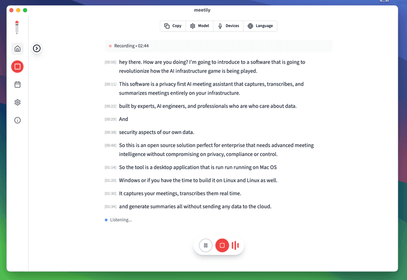 Meetily workspace with transcript, summary, decisions, and action items