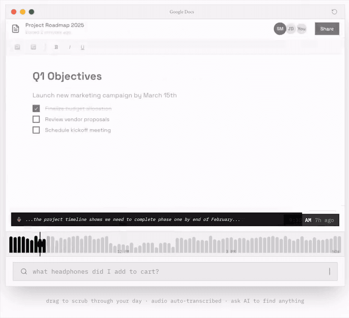 Screenpipe meeting transcript beneath a shared project document