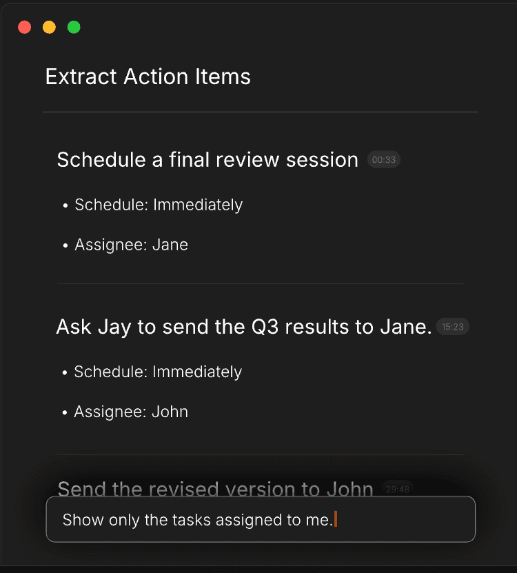 Shadow action-item extraction panel with task assignments