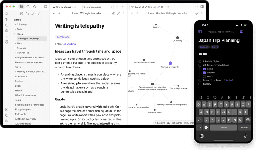 Obsidian graph and Markdown note shown on desktop and mobile