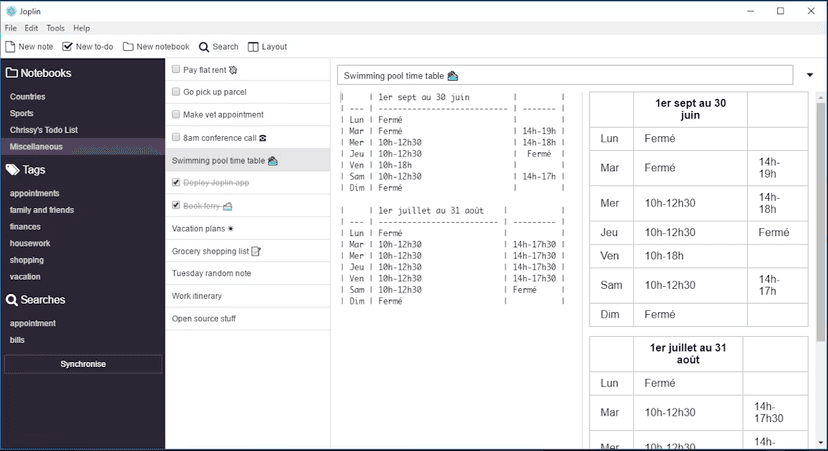 Joplin desktop workspace with notebooks, tags, Markdown source, and rendered preview