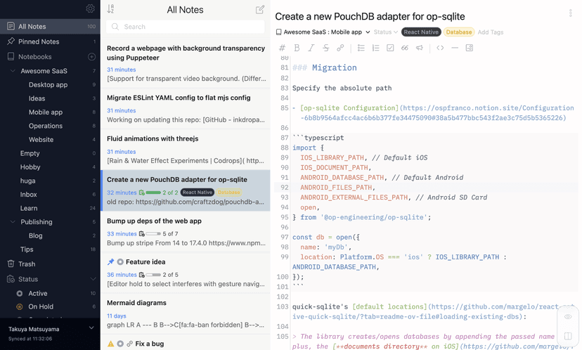 Inkdrop notebook with note list, Markdown editor, and developer code snippets
