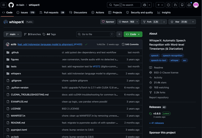 WhisperX GitHub repository with installation files and project documentation
