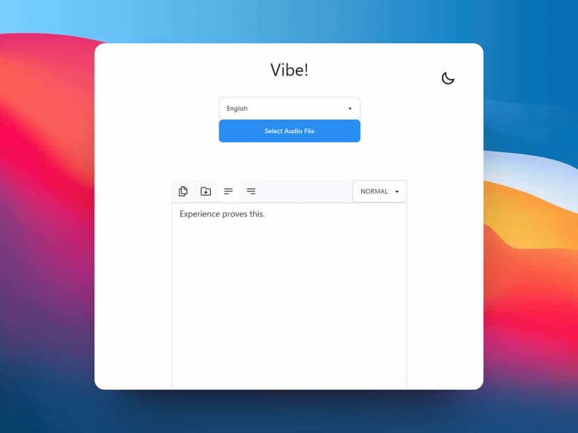 Vibe desktop app with language, model, and audio-file controls