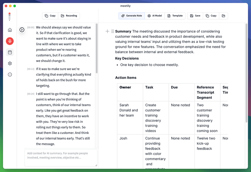 Meetily interface showing a timestamped transcript beside a generated summary, decisions, and action items