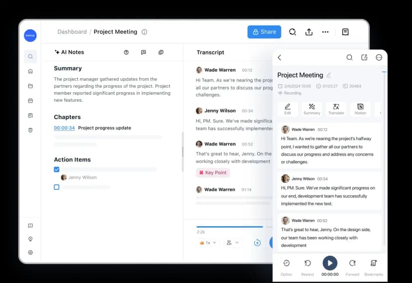 Notta desktop and mobile interfaces showing AI notes, speakers, and transcript playback