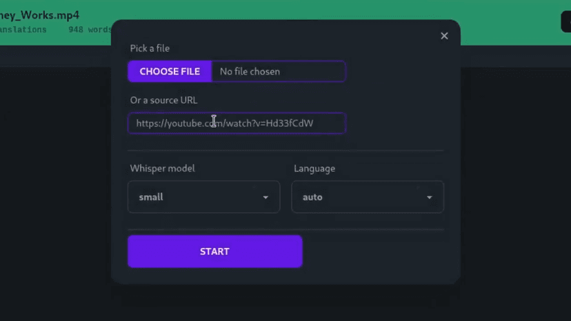 Whishper upload dialog with file, URL, model, and language controls